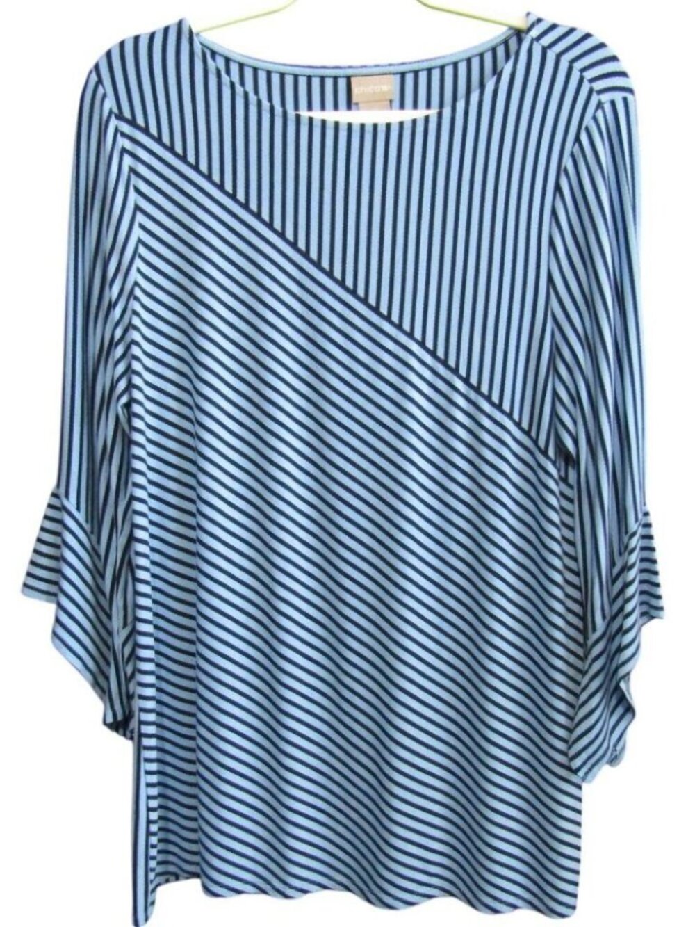 Chicos Blue Black Stripe Tunic Top Womens Size L 2 Rayon Spandex 3/4 Sleeve